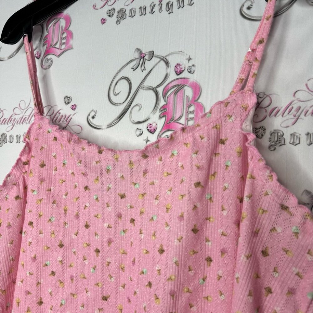 Ricki’s tank top ice cream cones 🍦 pink stretchy ruffle frilly trim comfy cami - Picture 2 of 10